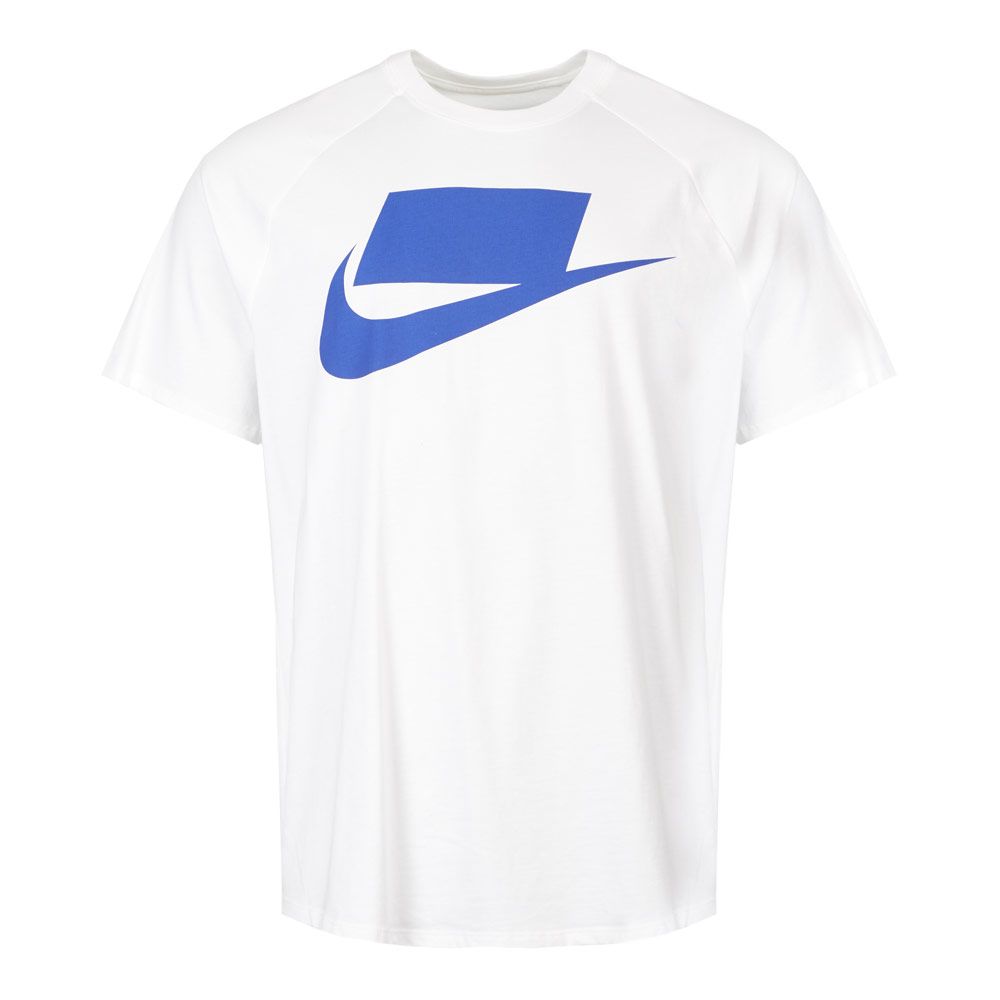 white nike shirt with blue logo